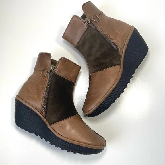 Fly London Yime Two-Tone Brown and Tan Patchwork Wedge Boots Size 39EU/8.5US - Picture 9 of 15